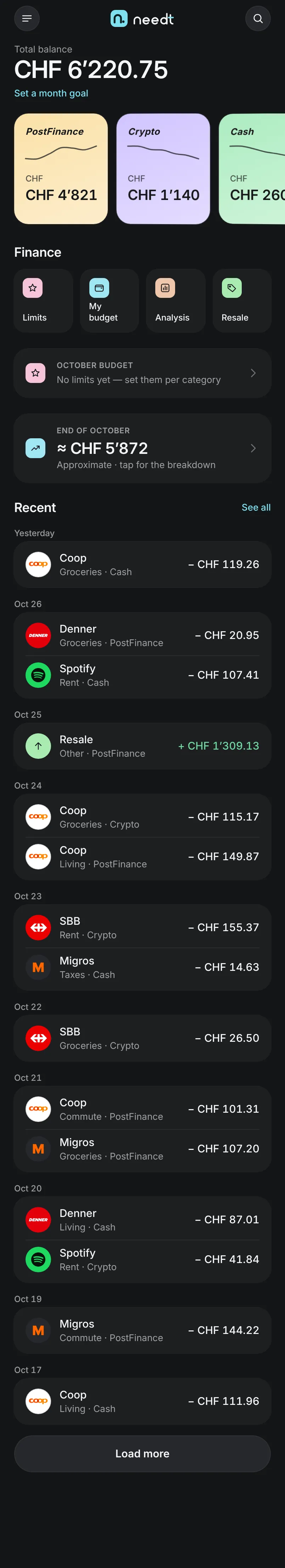 Needt Budget home: balance, wallets, recent operations