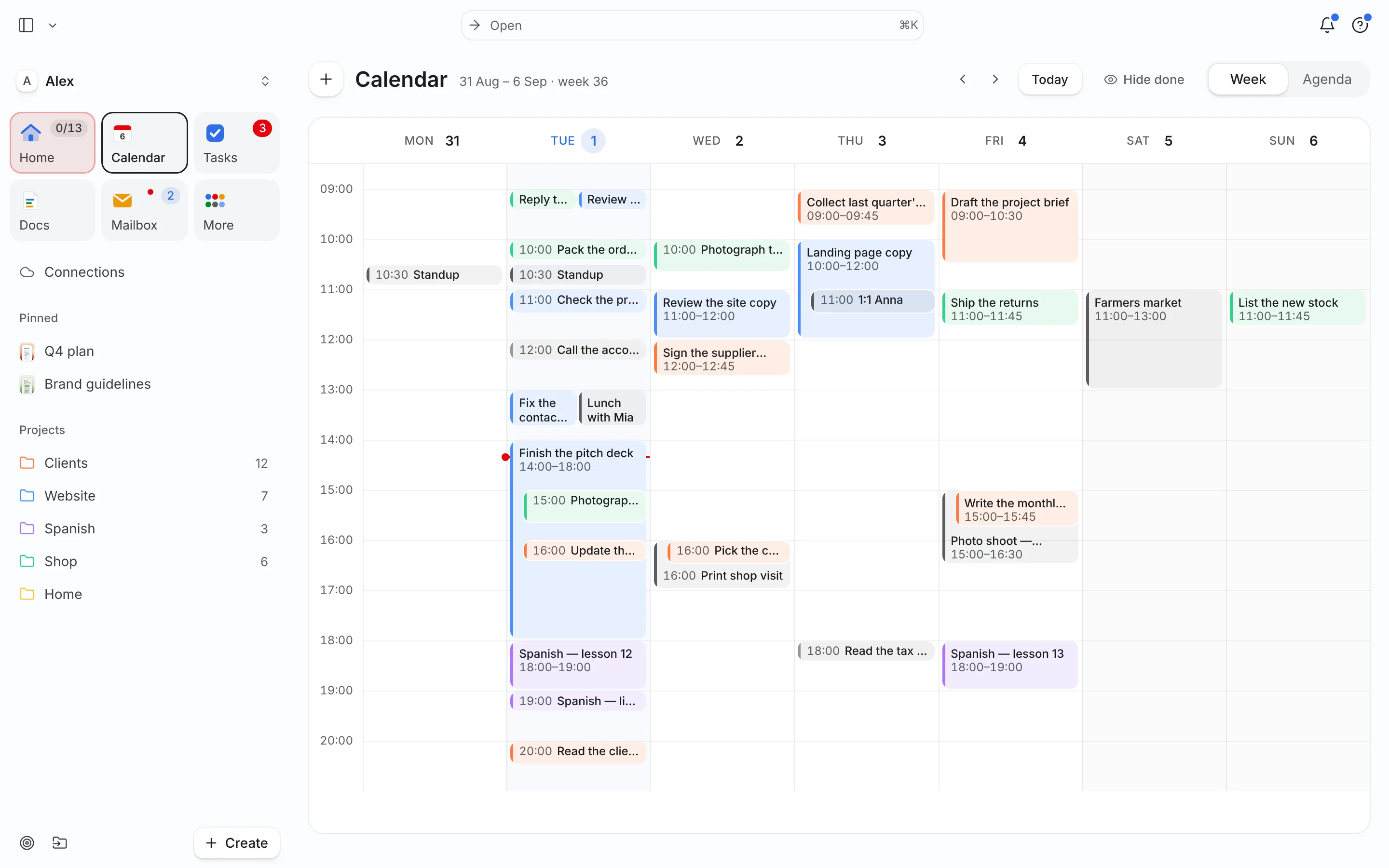 Needt Calendar: a week of tasks and events