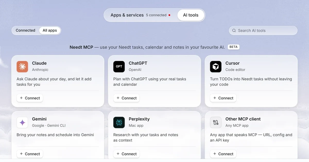 Needt Connections, AI tools: Claude, ChatGPT, Cursor, Gemini, Perplexity and other MCP clients