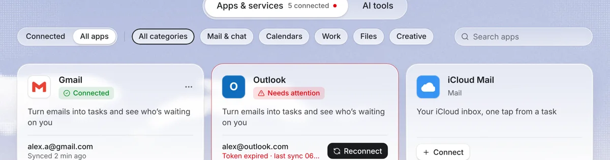 Needt Connections: Gmail, Outlook and iCloud Mail