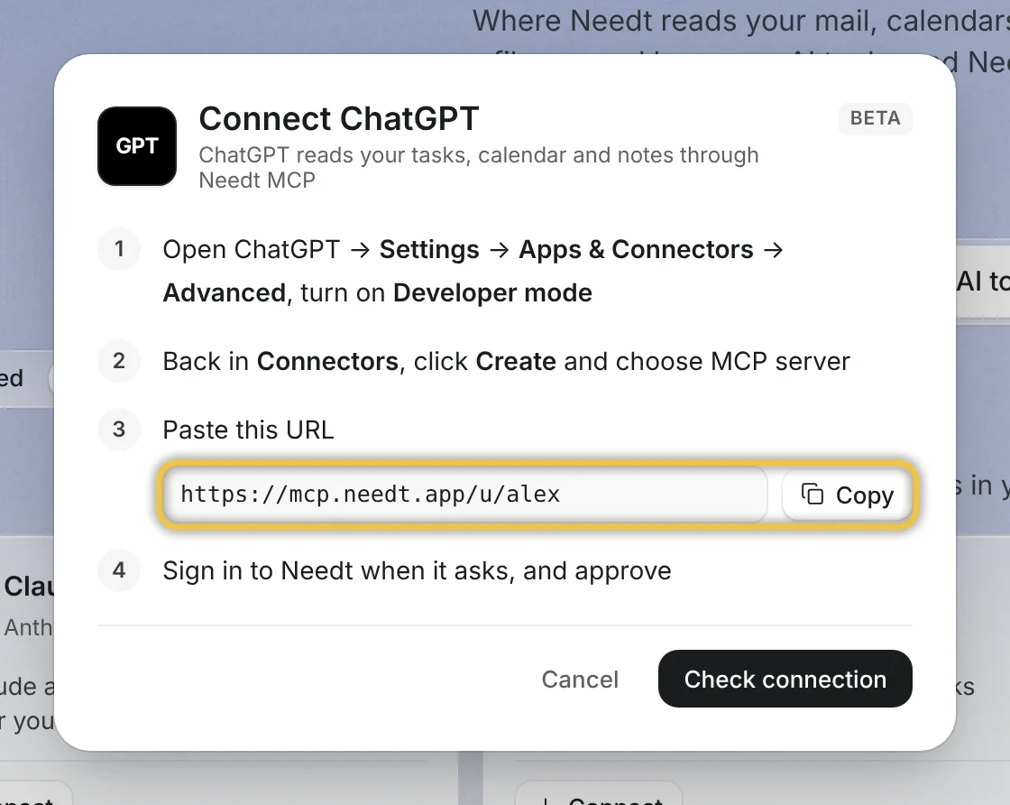 Needt’s Connect ChatGPT sheet with the URL highlighted