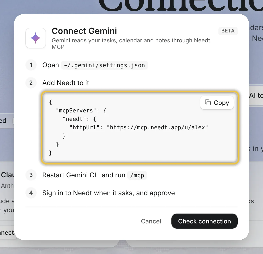 Needt’s Connect Gemini CLI sheet with the URL highlighted