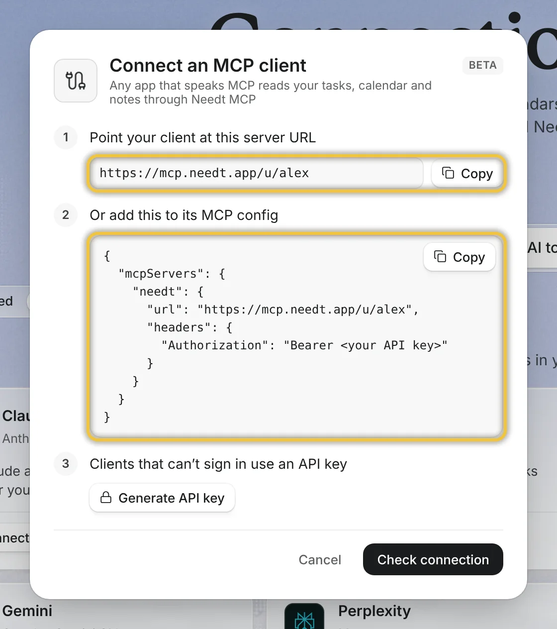 Needt’s Connect Claude Code sheet with the URL highlighted
