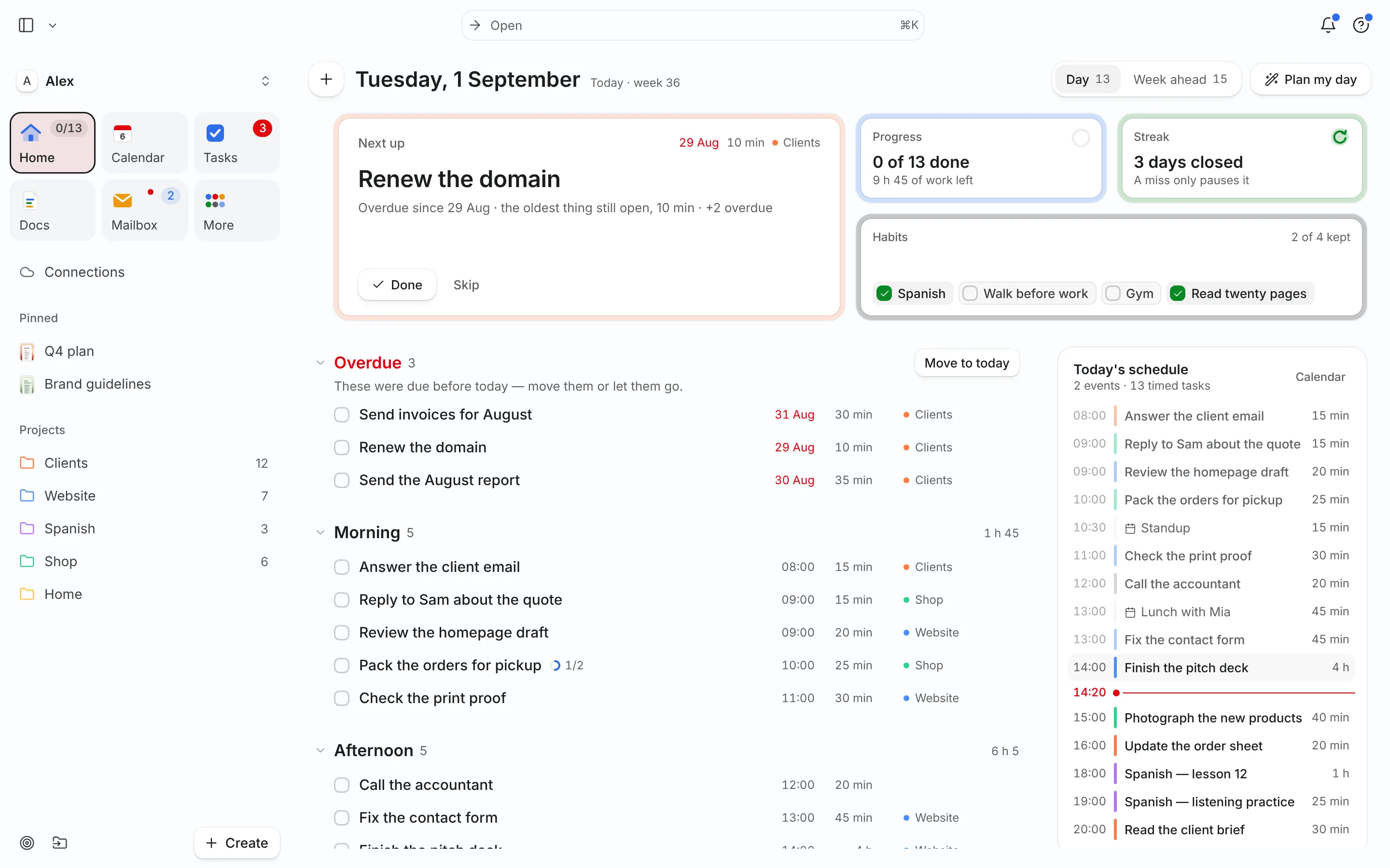 Needt Home: Next up, progress, habits and today's schedule